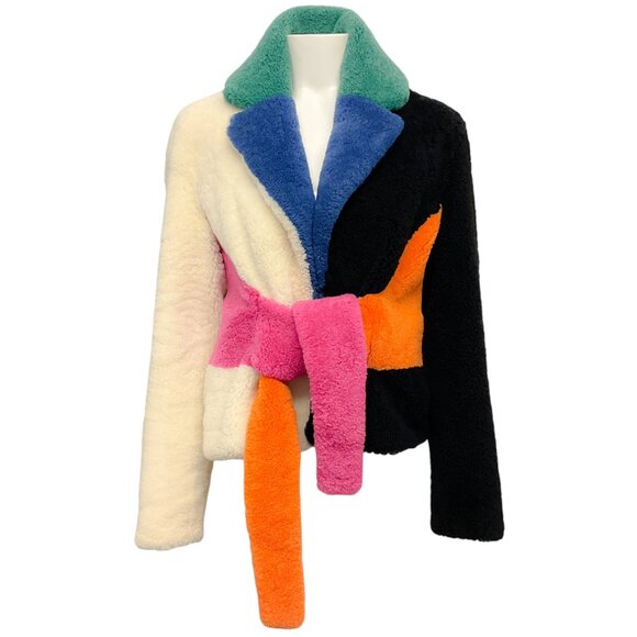 Saks Potts Shearling Colorblock Tie Front Jacket - Picture 1 of 4